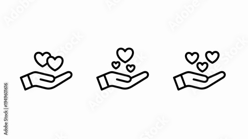 Three illustrations depict open hands cradling varying numbers of heart shapes symbolizing love care and support in a minimalist style high quality professional detailed modern elegant