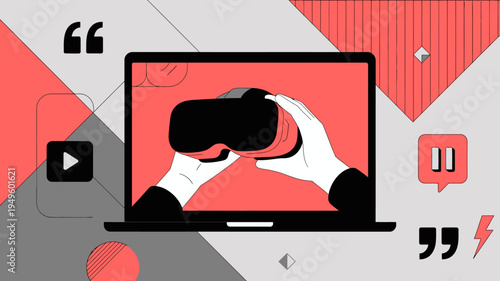 An illustration depicts a laptop displaying a pair of hands holding a virtual reality headset symbolizing immersive digital experiences high quality professional detailed modern elegant stylish