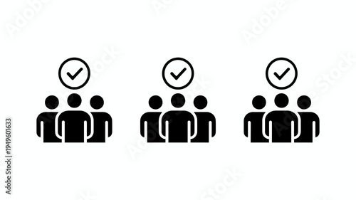 A minimalist graphic depicts three groups of people each with a checkmark symbol above their heads indicating approval or selection high quality professional detailed modern elegant