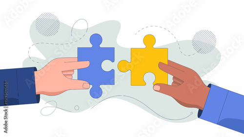 Two hands one with darker skin and one with lighter skin are shown connecting a blue and a yellow puzzle piece high quality professional detailed modern