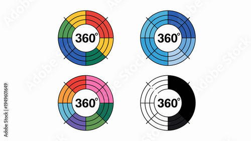 Four circular diagrams illustrate a full 360 degree rotation each divided into colorful sections and displaying the numerical value of 360 degrees high quality professional detailed