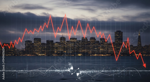 Digital financial data graph overlaying foggy San Francisco cityscape with red bearish arrow representing stock market crash or real estate property crisis in California urban metropolitan area.