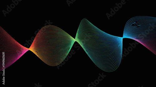 A vibrant abstract representation of sound waves is displayed against a stark black background showcasing a spectrum of colors high quality professional detailed modern elegant stylish