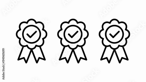 A clean black and white illustration showcases three rosette badges each featuring a central checkmark symbol denoting approval high quality professional detailed modern elegant stylish crisp