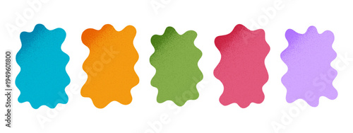Cute asymmetric wavy shapes with gritty textures. Irregular blobs with noise shadows in corners. Abstract psychedelic forms. Speech cloud, textbox, tag or label templates. Vector cartoon illustration.