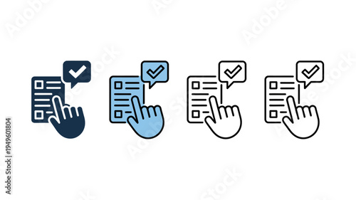 Four variations of a checklist icon depict a hand selecting an item shown in blue light blue grayscale and outline styles high quality professional detailed modern