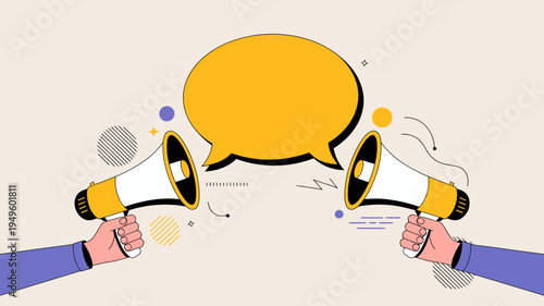 Two hands hold yellow megaphones pointed towards a large speech bubble suggesting communication or announcement high quality professional detailed modern elegant stylish clean crisp vibrant colorful