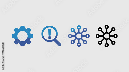 A series of four icons are displayed progressing from a gradient blue gear to a black network diagram high quality professional detailed modern elegant stylish clean