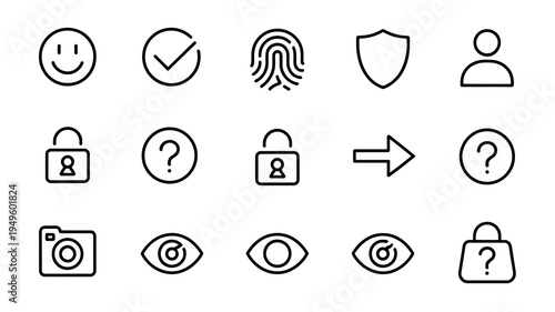 A collection of simple black and white line icons depicting security identity and general interface elements high quality professional detailed modern elegant stylish clean crisp vibrant
