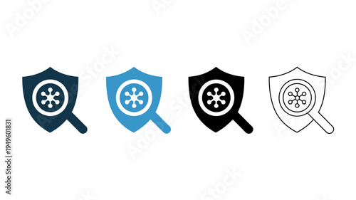 Four variations of a shield icon with a circular element inside shown in differing color schemes and styles high quality professional detailed modern elegant stylish clean