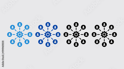 Four interconnected network diagrams are displayed transitioning from light blue to dark blue illustrating stages or variations in a system high quality professional detailed modern elegant