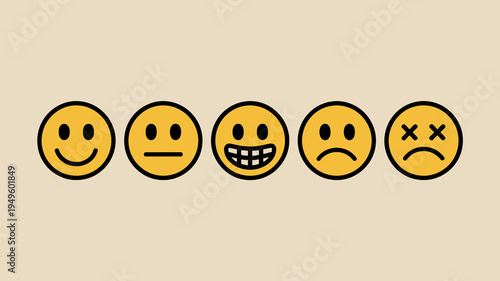 A row of five yellow emoticons displays a range of facial expressions from happy to sad and sleepy high quality professional detailed modern elegant stylish clean