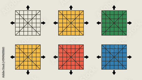 A visual arrangement displays six square grids each divided by intersecting lines and filled with distinct color schemes high quality professional detailed modern elegant stylish clean