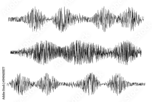 Set of polygraph or seismic charts isolated on white background. Seismogram or lie detector graphs. Ground vibration, earthquake line, sound or pulse record waves. Vector graphic illustration