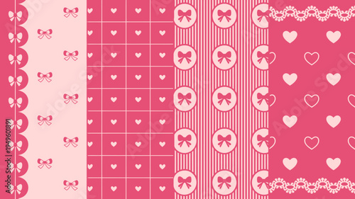 A collection of four seamless patterns in varying shades of pink featuring bows hearts and decorative borders high quality professional detailed modern elegant stylish clean crisp