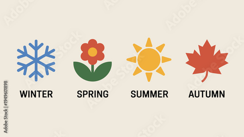 A colorful illustration displays symbols representing the four seasons winter spring summer and autumn with corresponding labels high quality professional detailed modern elegant stylish clean crisp