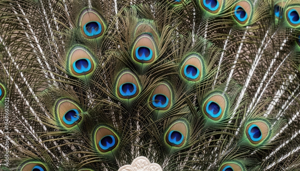 Obraz premium Peacock Feather Display: A breathtaking close-up unveils the exquisite beauty of a peacock's plumage, showcasing its vibrant feathers in a mesmerizing display of color and pattern.