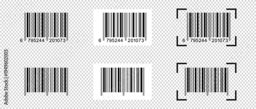 Set of barcode stickers with scanner frames. Bar code labels isolated on transparent background. Tags with visual data digital representation with product information. Vector graphic illustration