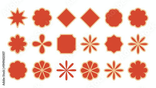 A collection of vibrant red geometric and floral shapes are displayed against a clean white background showcasing diverse designs high quality professional detailed modern elegant stylish