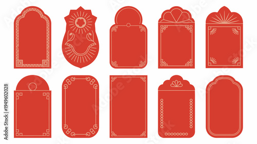 A collection of ten ornate red frames with varying geometric and floral designs arranged in a grid pattern on a white background high quality professional detailed