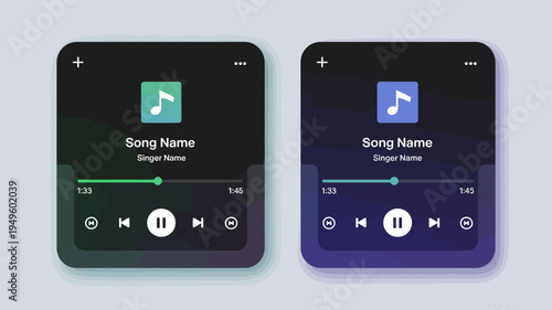 Two mobile phone screen mockups display a music player interface with varying color schemes showcasing song details and playback controls high quality professional detailed modern elegant