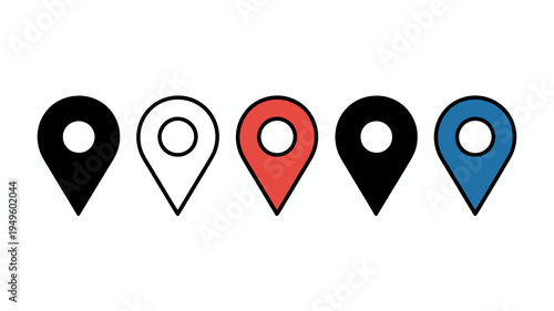 A row of five location pin icons is displayed each in a different color with a white center circle high quality professional detailed modern elegant stylish