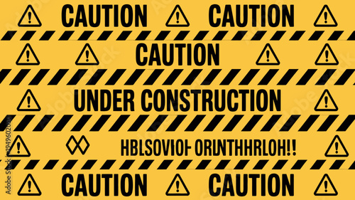 A repeating pattern of yellow and black caution tape displays warning symbols and text including under construction high quality professional detailed modern elegant stylish clean crisp