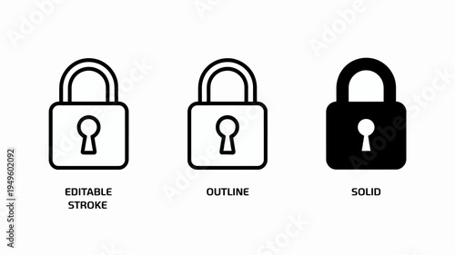 This image displays three variations of a padlock icon editable stroke outline and a solid black version illustrating different design styles high quality professional detailed modern