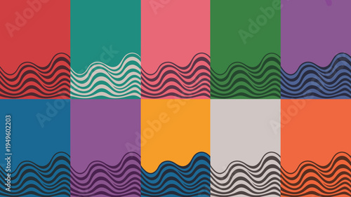 An abstract arrangement of colorful rectangles each with a wavy dark line separating the upper and lower halves of the composition high quality professional detailed modern