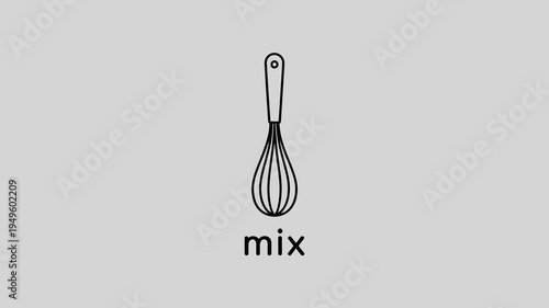 A minimalist illustration showcases a black whisk centered on a light gray background with the word mix appearing below it high quality professional detailed modern elegant
