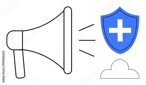 Healthcare communication, medical marketing, online protection, safety promotion, community awareness, digital health. Megaphone emitting sound waves toward a shield with a cross. Healthcare