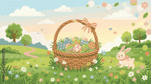 Easter basket with colorful eggs and bunny in a sunny meadow with flowers and trees