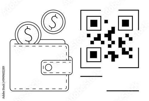 Digital payments, e-wallets, cryptocurrency, online transactions, contactless shopping, mobile technology. Wallet with coins and QR code in minimalist style. Digital payments and e-wallets concept