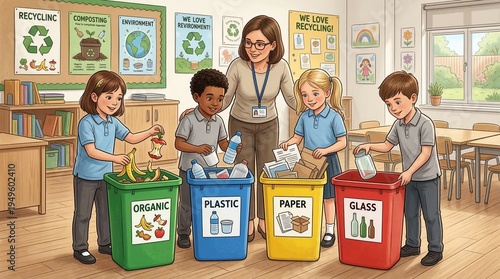 Teacher and diverse students learning about waste sorting and recycling in a colorful classroom setting with labeled bins.