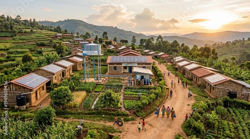 An aerial view of a sustainable rural village with solar-powered homes and a water tower, nestled among green hills at sunset.