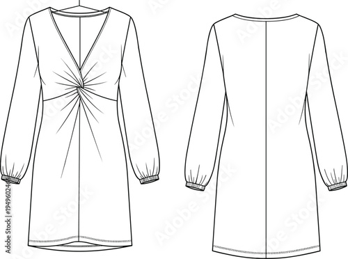 WebWomen V Neck Twist Front Mini Dress Technical Flat Sketch Featuring Long Bishop Sleeves with Cuffs and Back View for Fashion Design Tech Pack