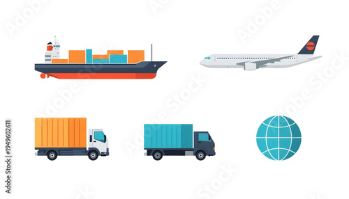 global logistics and shipping vector icon set with cargo ship airplane delivery trucks and world globe isolated on white background