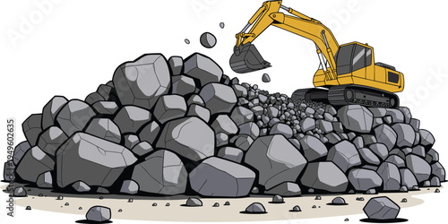 Yellow Crawler Excavator Working on Large Rock Pile Illustration Isolated on White Background for Construction Mining Quarrying Civil Engineering Heavy Machinery Industry Design Assets