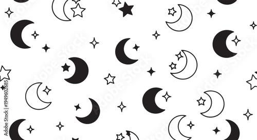 Moon and stars seamless pattern, black and white celestial doodles on white background
