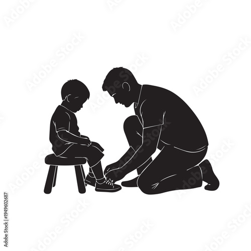A father lovingly ties his young son's shoelaces while the boy sits on a small stool.