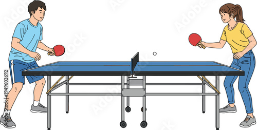 Young Man and Woman Playing Table Tennis on Blue Ping Pong Table with Red Paddles for Sports Activity Recreation Competition and Fitness Illustration