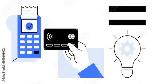 Hand holding a contactless credit card near payment terminal with receipt, plus light bulb and gear. Ideal for fintech, e-commerce, innovation, digitalization, cashless economy, retail