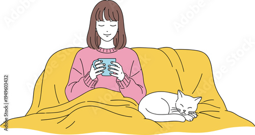 Young Woman Relaxing at Home Under a Warm Yellow Blanket Holding a Blue Coffee Mug with a Sleeping White Cat by Her Side.