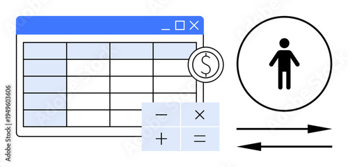 Financial management, data analysis, online transactions, accounting tools, economic planning, business operations. Spreadsheet, calculator dollar symbol and user icon with arrows. Financial