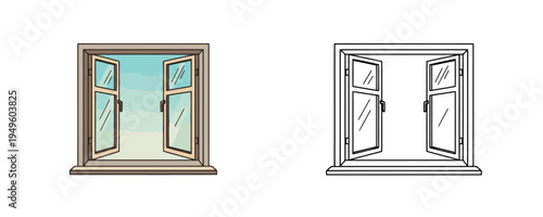 Doodle open window illustrations in flat color and linear styles on white background representing architectural house element for home interior or exterior design concept