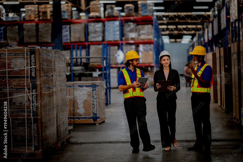 Fototapeta premium Smiling diverse warehouse team having a positive discussion. Female manager and industrial workers collaborating happily on logistics management.