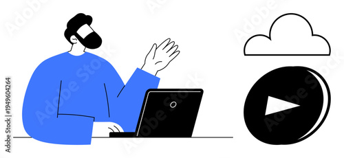 Online learning, cloud storage, digital interaction, video communication, remote work, streaming services. A man waves while using a laptop with a cloud and video icon nearby. Online learning