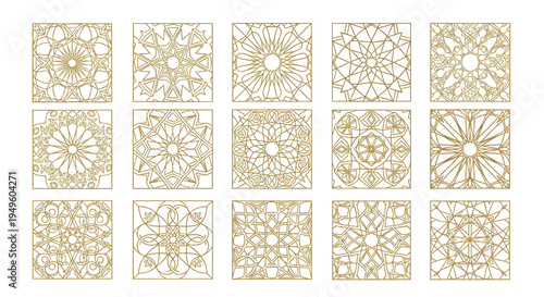 Islamic geometric pattern set, gold laser cut square panels on white background
