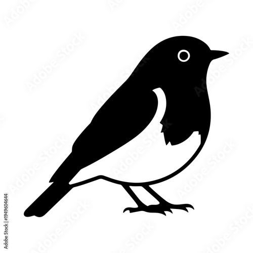 A simple black and white illustration of a small songbird perched with a focused gaze