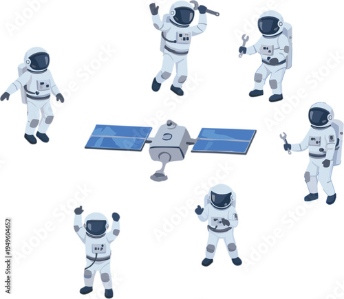 Astronaut characters performing space repair mission on satellite with wrenches in zero gravity orbit vector illustration set for technology